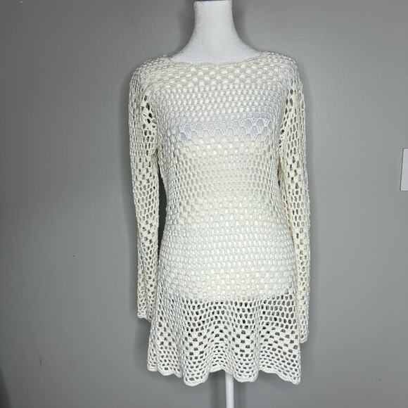 Women's White Crochet Knit Dress Cover-Up Long Sleeve Sz XL Beach Boho Festival - Picture 1 of 11
